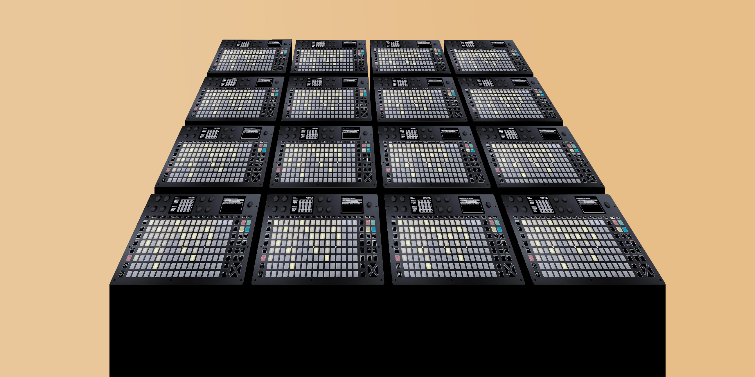 A four-by-four grid of sixteen Squarp Hapax sequencers on a black plinth
